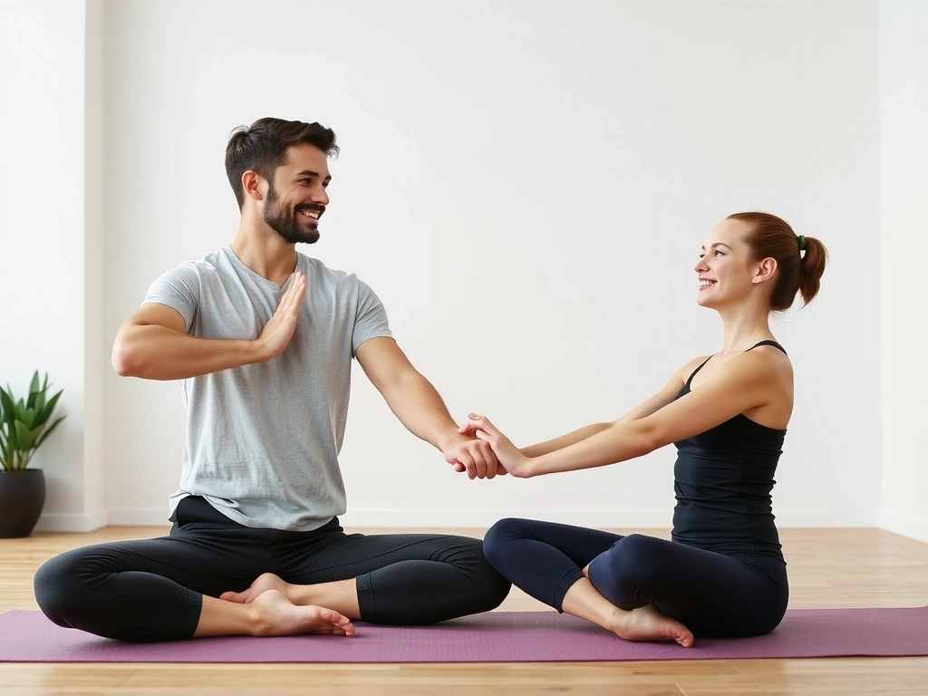 Founders of Harmony Yoga Studio smiling in a yoga pose