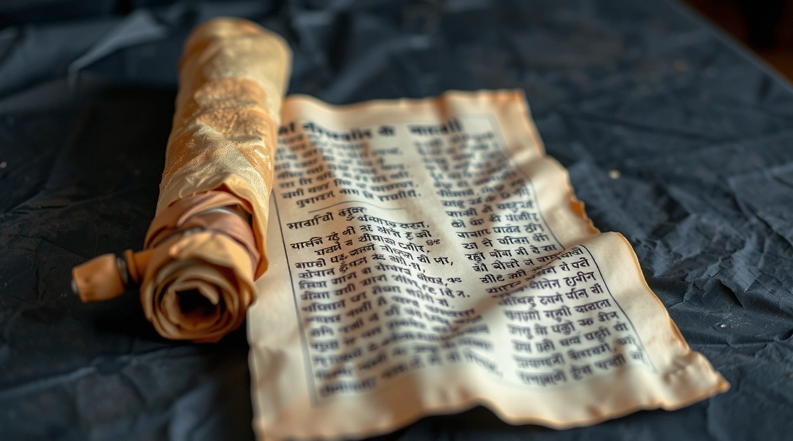 Ancient Sanskrit text on a scroll, symbolizing wisdom and yoga philosophy