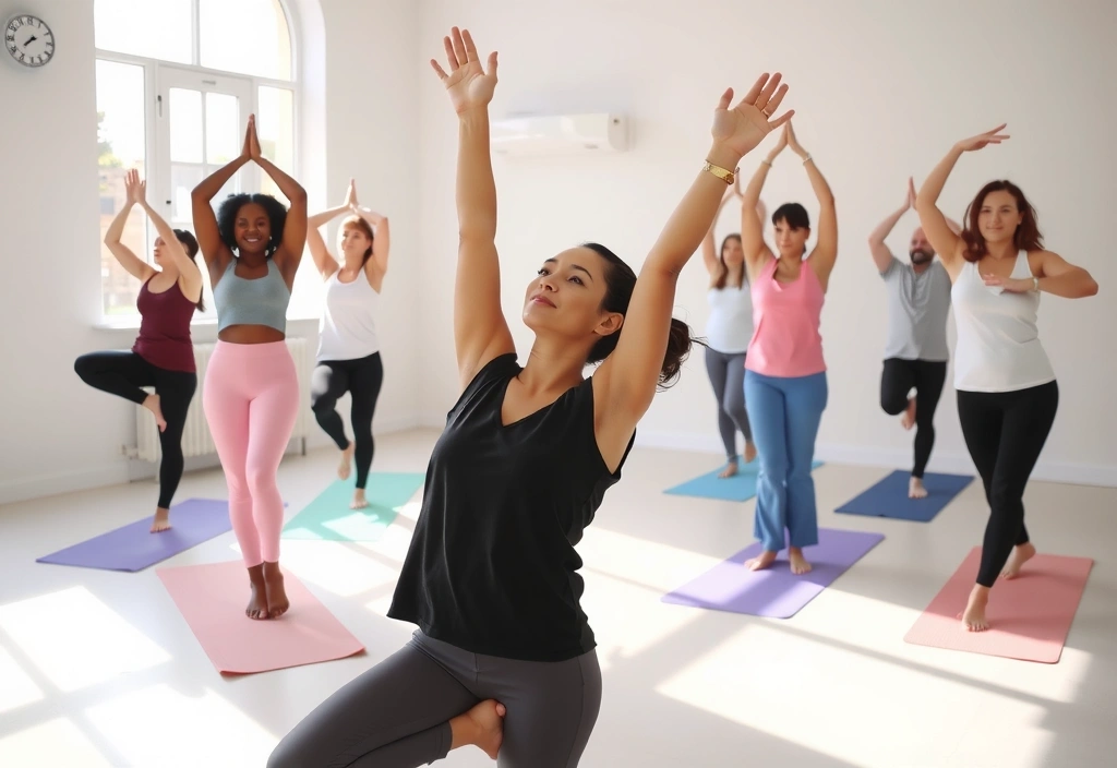 Diverse group of people practicing various yoga poses in a serene studio setting