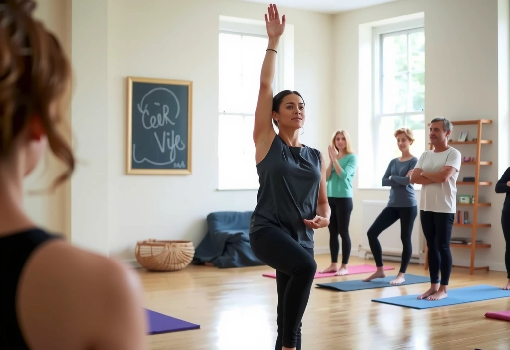 Yoga workshop with instructor demonstrating advanced pose