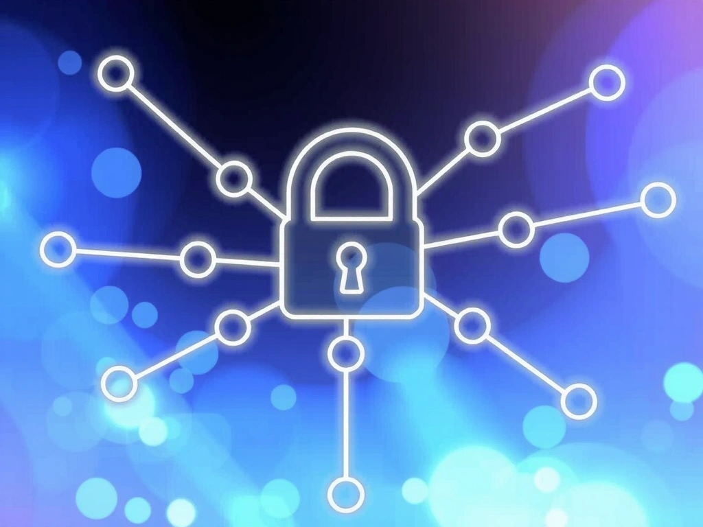 A stylized lock icon with interconnected lines, representing data security and privacy on a digital network.