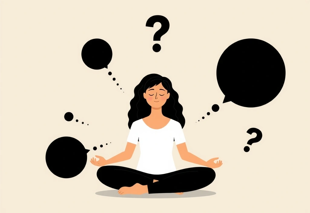 Illustration of a person meditating with question marks and thought bubbles surrounding them, symbolizing inquiry and clarity
