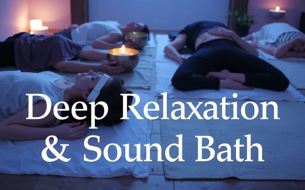 People relaxing during a sound bath meditation session with singing bowls and soft lighting.