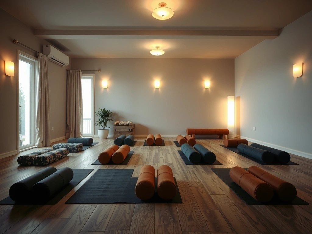 A serene yoga studio setting with various yoga props and soft lighting, symbolizing peace and wellness, no people.