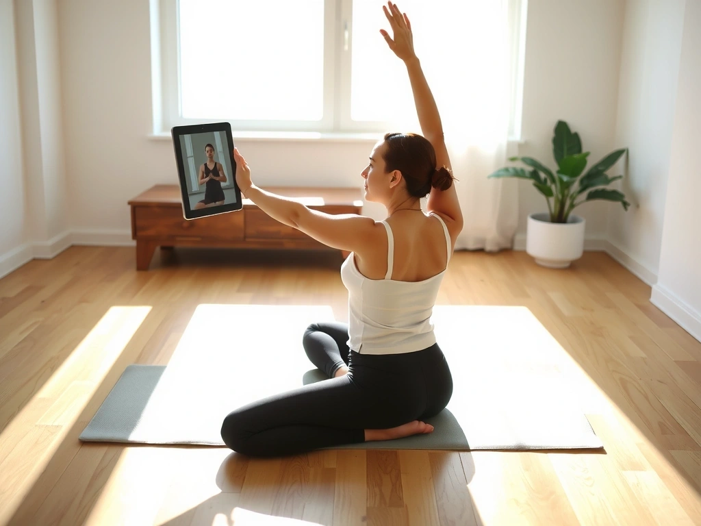Person practicing yoga at home with a tablet, demonstrating remote learning and flexibility.