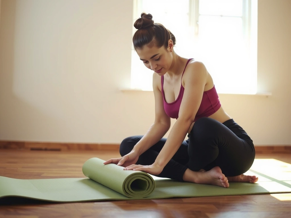 Woman rolling out a yoga mat in a sunny room