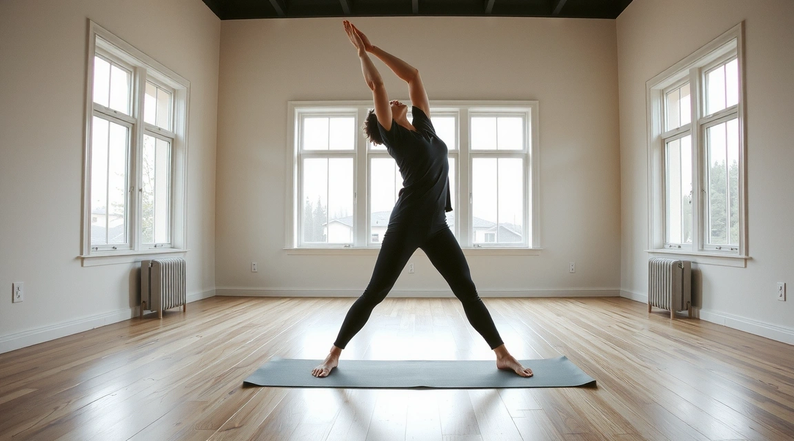 A person gracefully performing a yoga pose on a mat in a bright, modern studio, with soft light streaming through large windows.