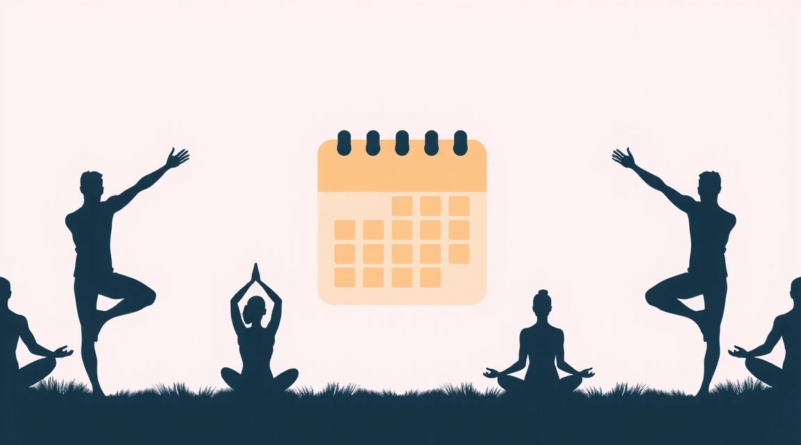 A serene calendar icon with yoga poses floating around it, symbolizing a peaceful and organized schedule