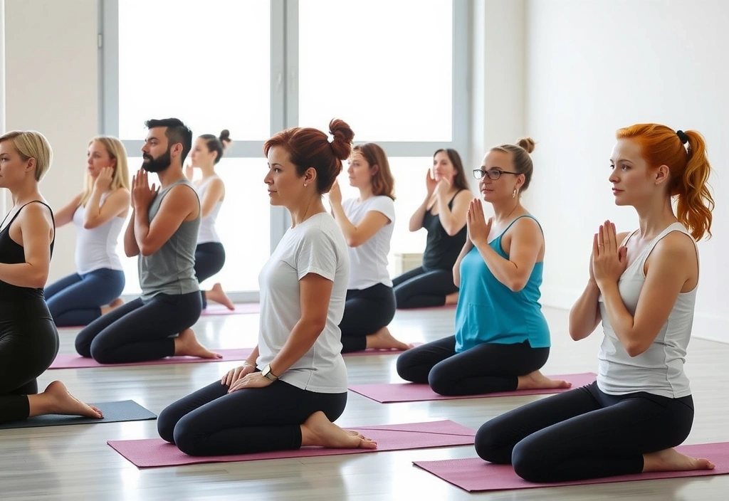 A diverse group of people practicing yoga in a studio, showing respect and focus.